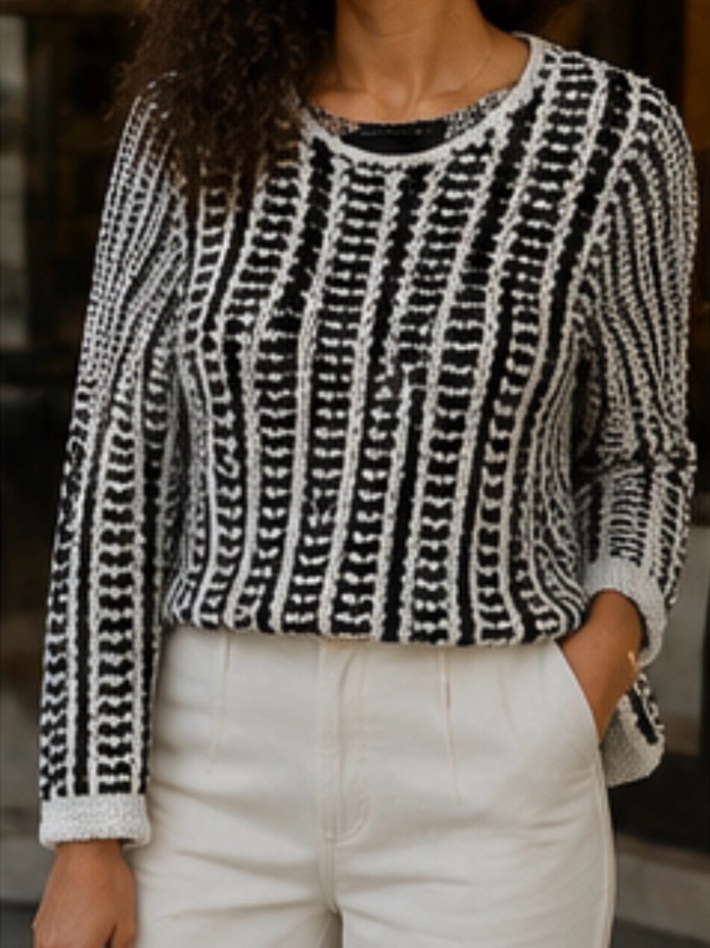 Dana Buchman Black & White Striped Textured Crewneck Sweater